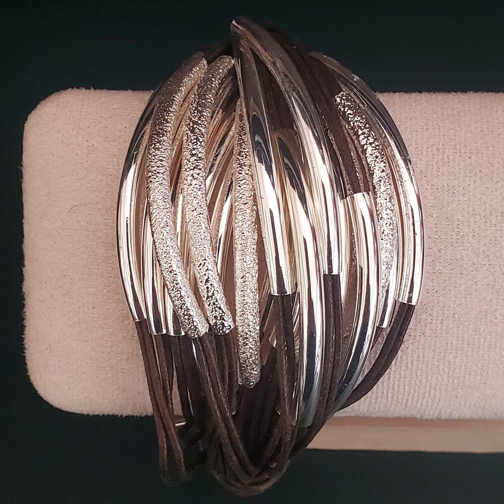 Saachi Multi-strand Statement Bracelet Dark‎ Brown Cords with Silver Tone Bars